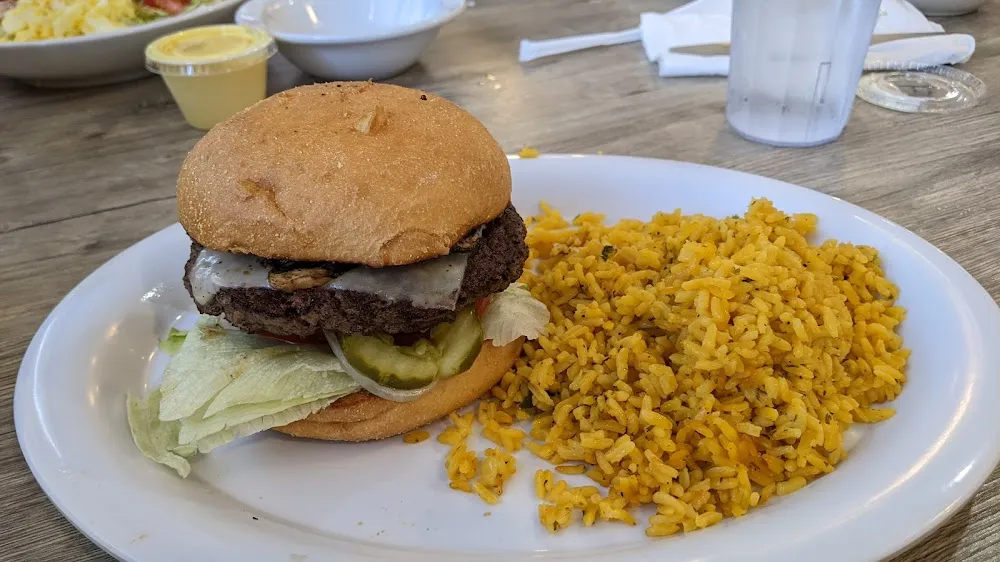 Mushroom and Swiss Burger with Rice